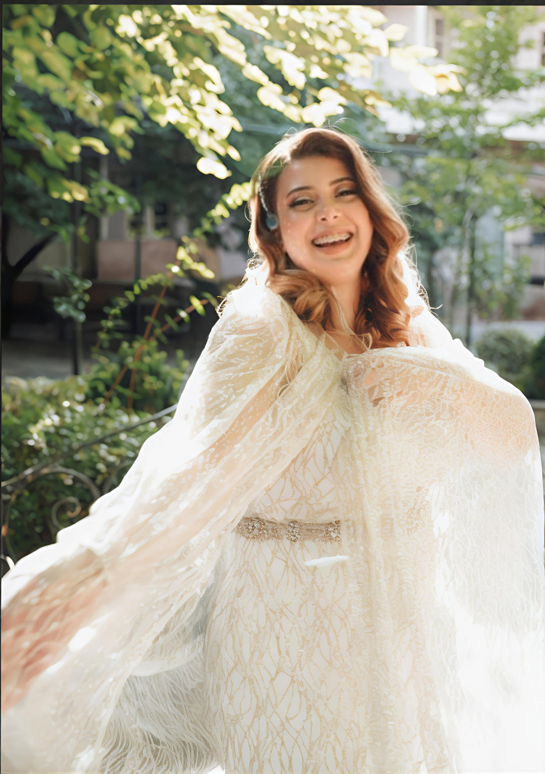 Ethereal Lace Cape Wedding Dress – Elegant Flowing Train | Aisha Fashion World Bridal