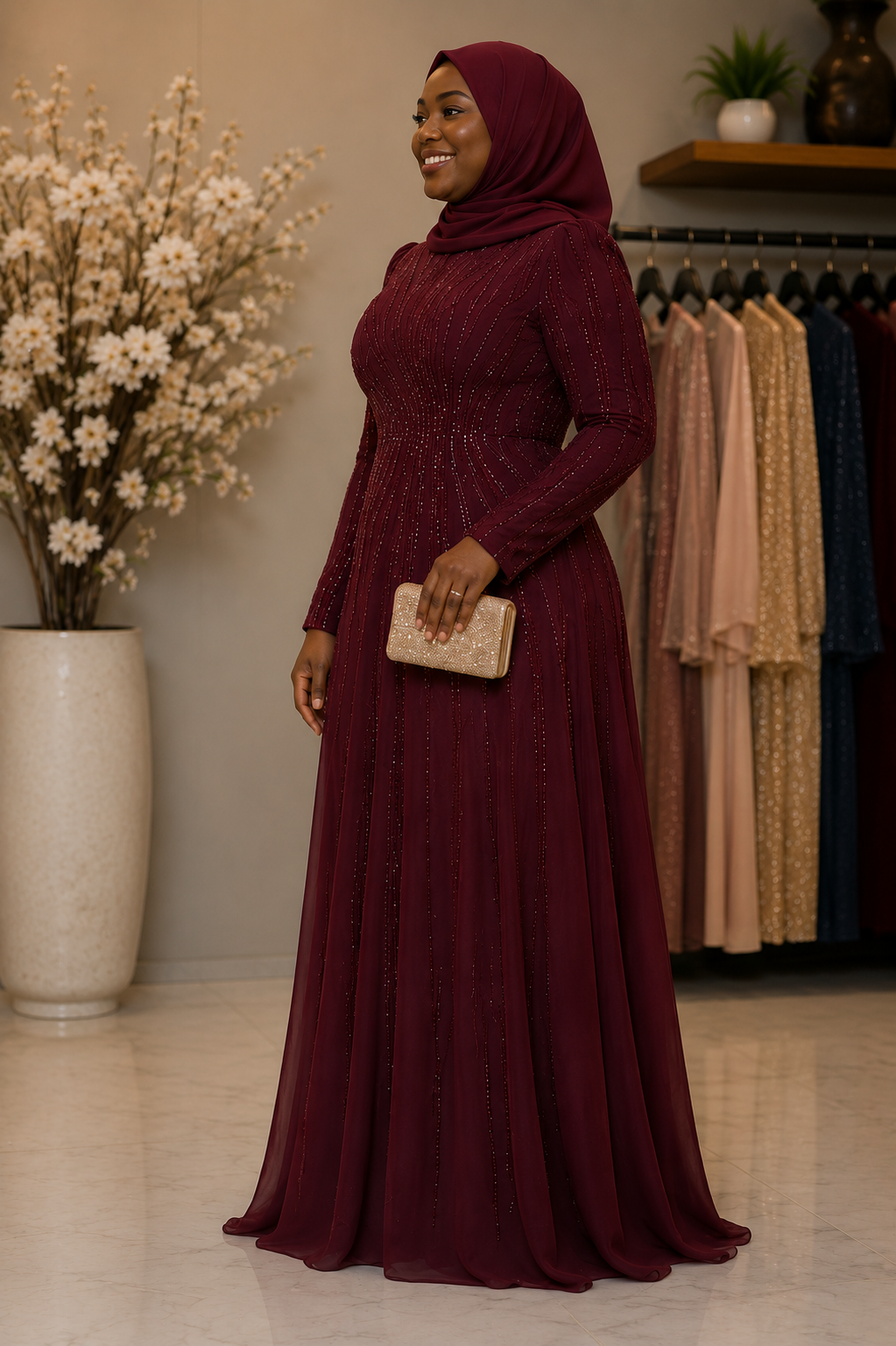 Aisha Modest Burgundy Embellished Occasion Gown