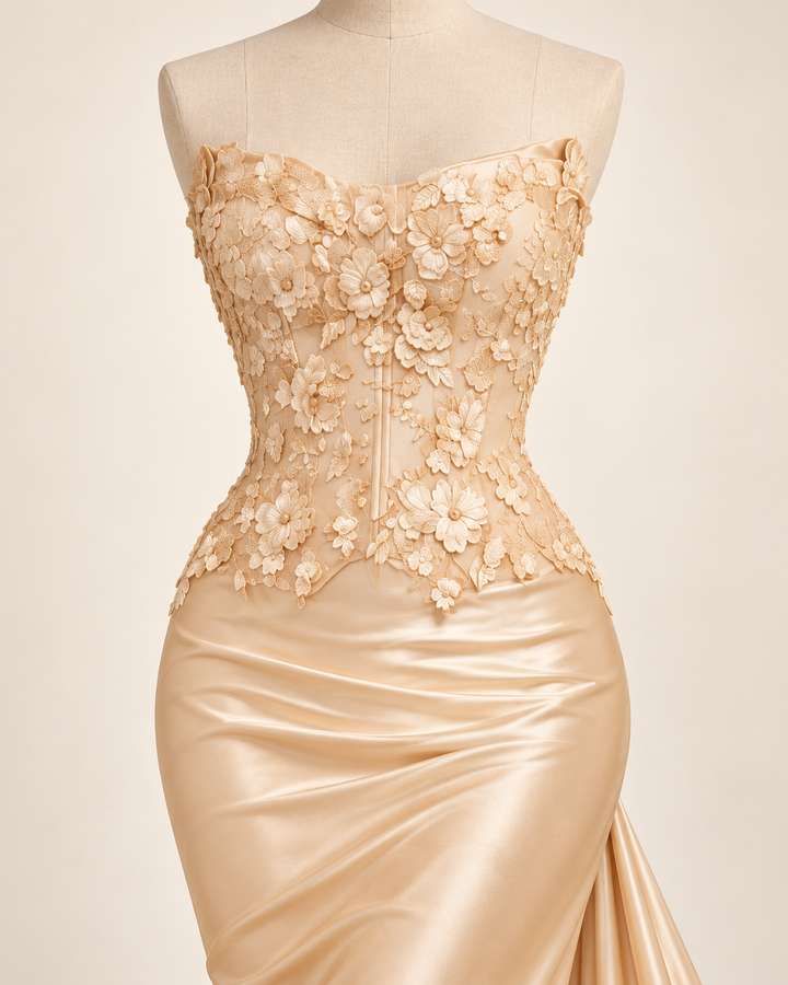 Champagne Floral Satin Mermaid Evening Gown – Qatar Home Service