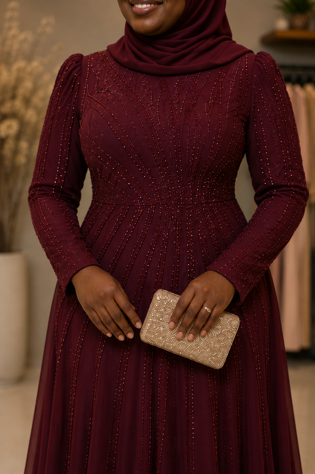 Aisha Modest Burgundy Embellished Occasion Gown