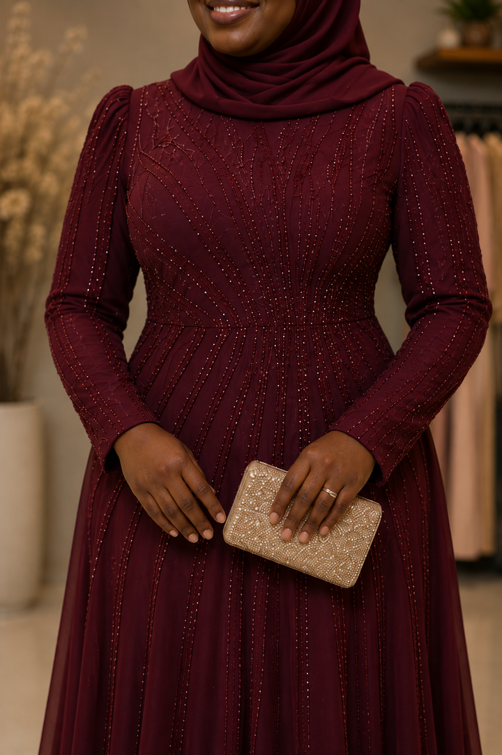 Aisha Modest Burgundy Embellished Occasion Gown