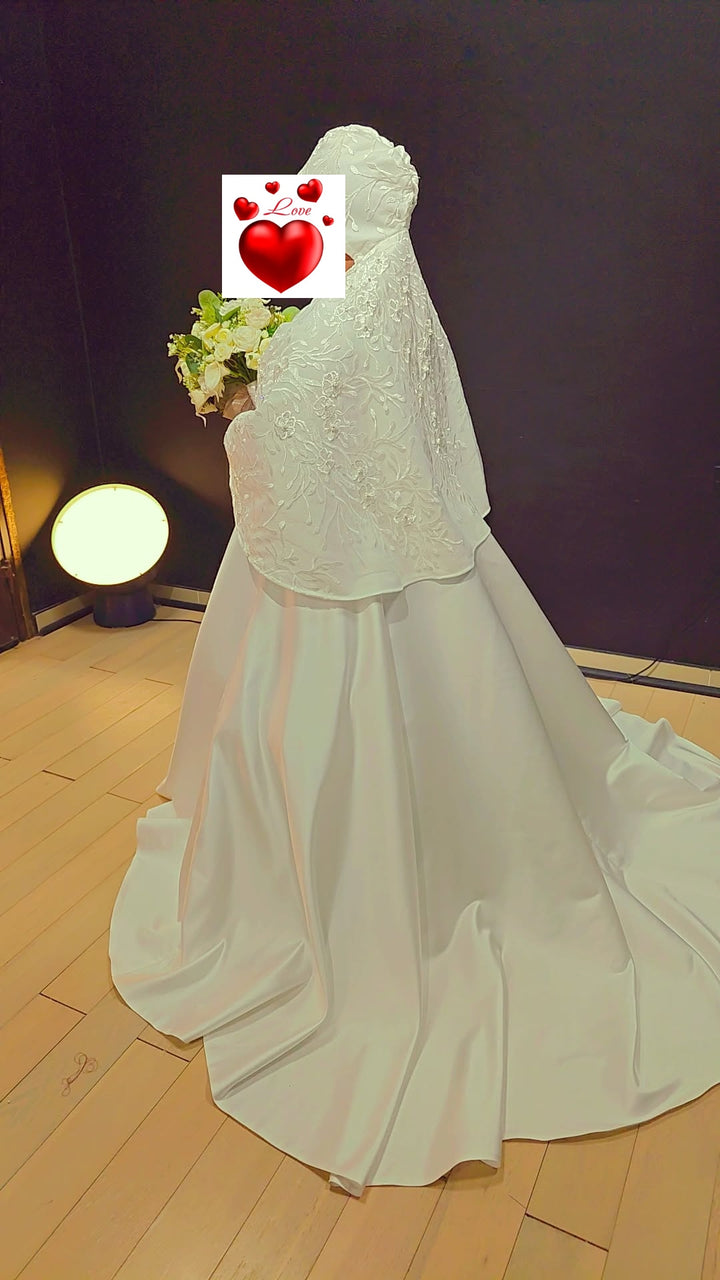 Modest hijabi wedding ball gown with floral lace bodice and Mikado skirt