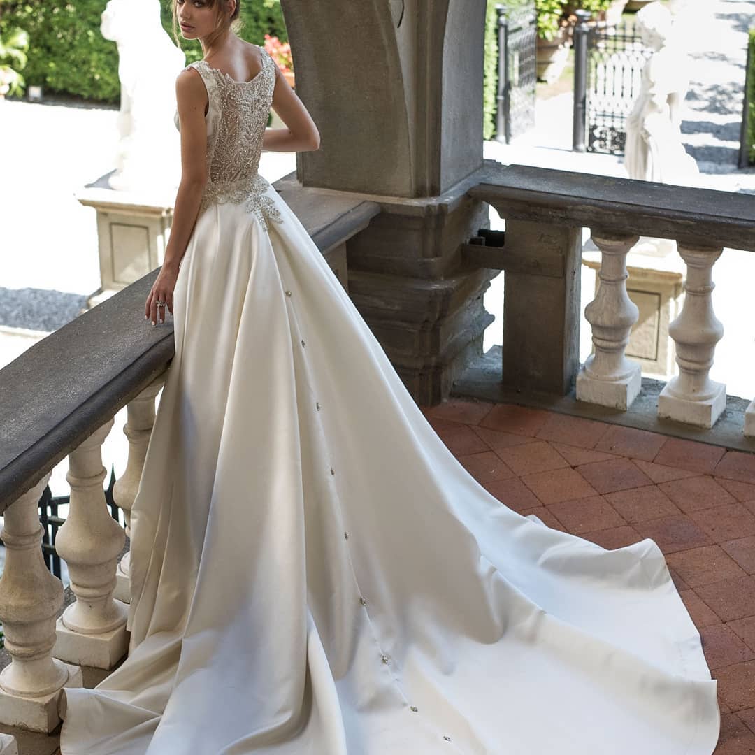 Close-up of crystal beaded bridal bodice with silver filigree detailing