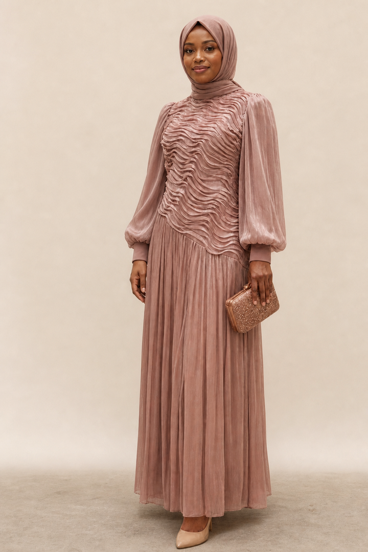 Dusty rose modest occasion dress with textured wave bodice, pleated skirt and balloon sleeves