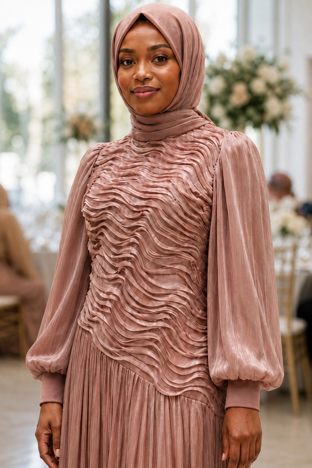 Close-up of dusty rose textured wave bodice, pleated balloon sleeves and modest hijab styling