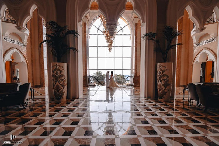 Lace and tulle wedding dress photographed inside an elegant bridal venue
