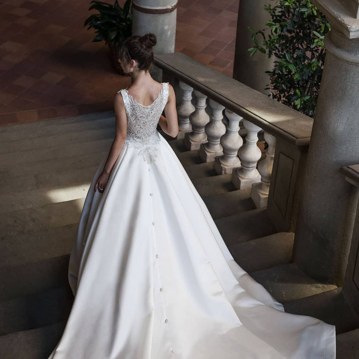 Mikado bridal ball gown with crystal bodice and cathedral length train