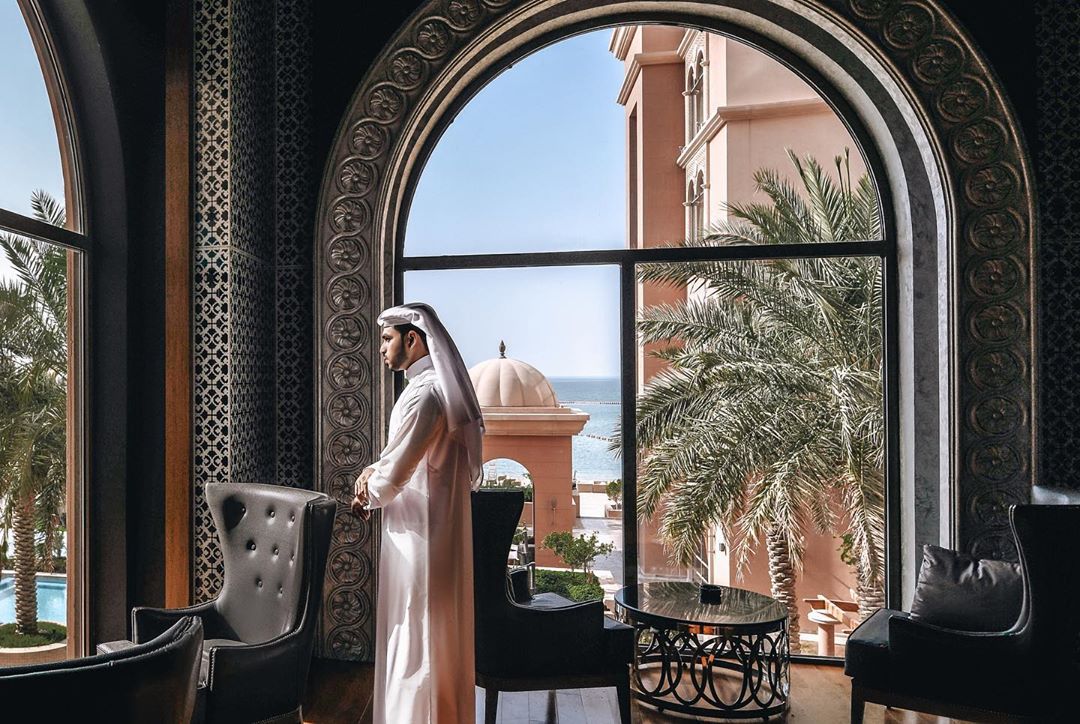 Qatari groom in traditional attire at the Arabian Royal Gown wedding venue in Qatar