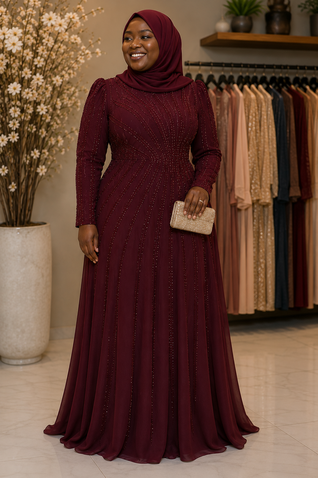 Aisha Modest Burgundy Embellished Occasion Gown