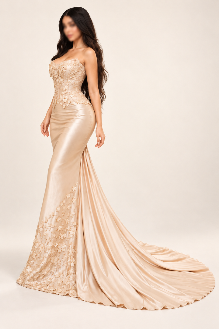 Champagne Floral Satin Mermaid Evening Gown – Qatar Home Service