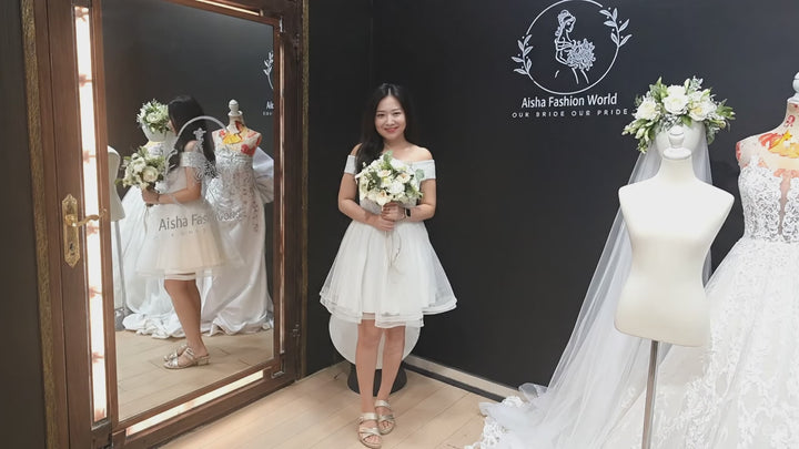 The "Petite Eclat" Off-the-Shoulder Mini Bridal Gown – Civil & Destination Wedding Edition