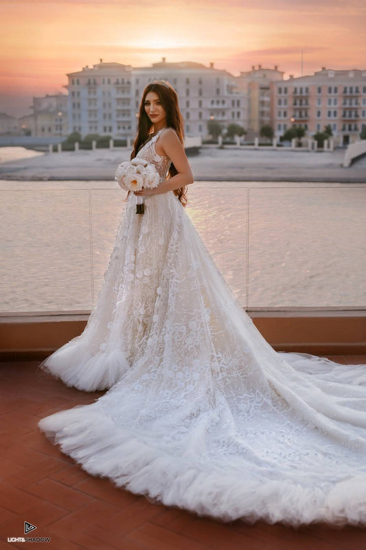 The Arabian Royal Gown: Custom Lace & Tulle Bridal Masterpiece with Regal Train | Aisha Fashion World Qatar