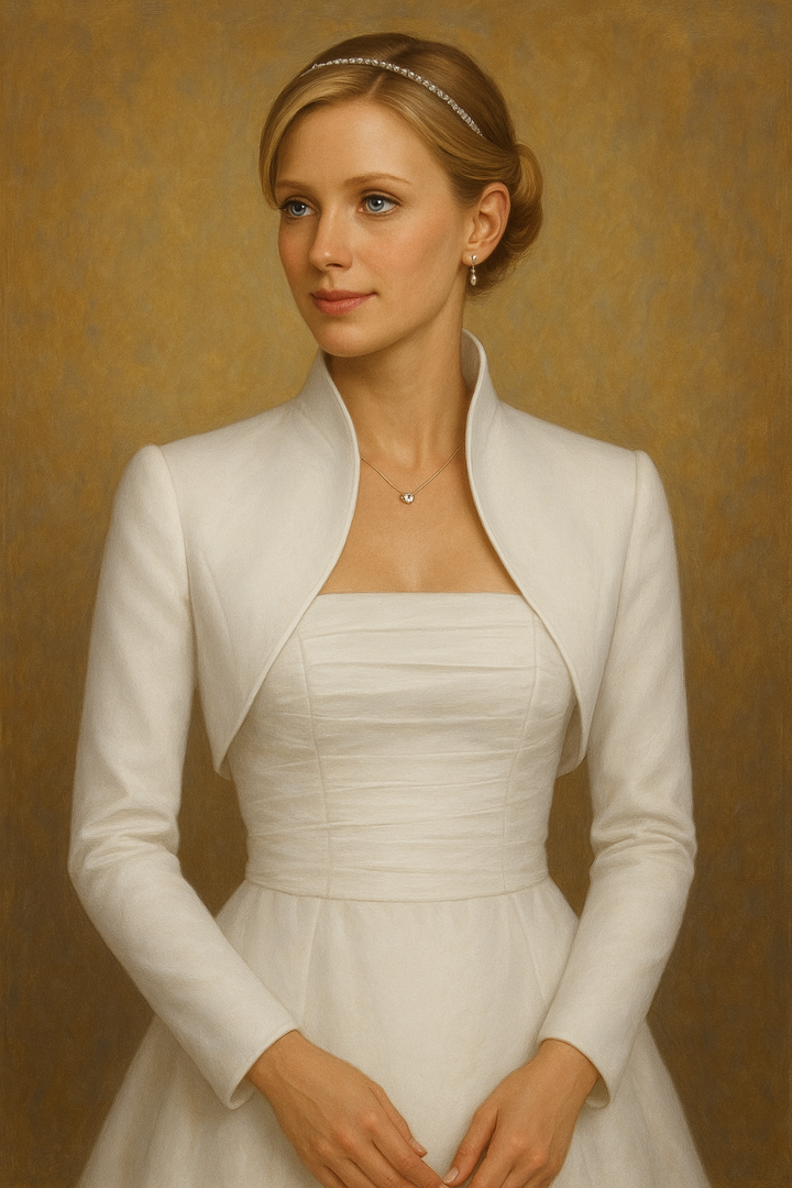Elegant White Bridal Bolero Jacket – Satin Finish, Long Sleeves