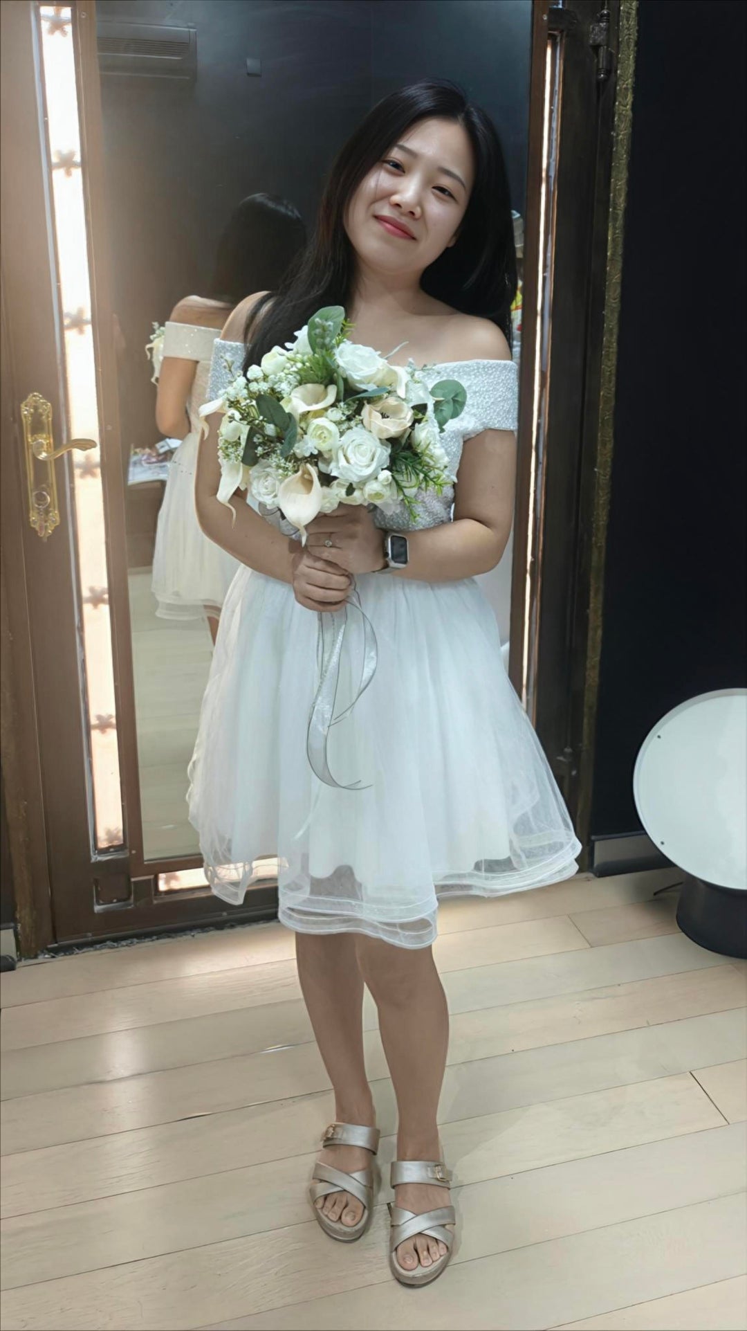 The "Petite Eclat" Off-the-Shoulder Mini Bridal Gown – Civil & Destination Wedding Edition