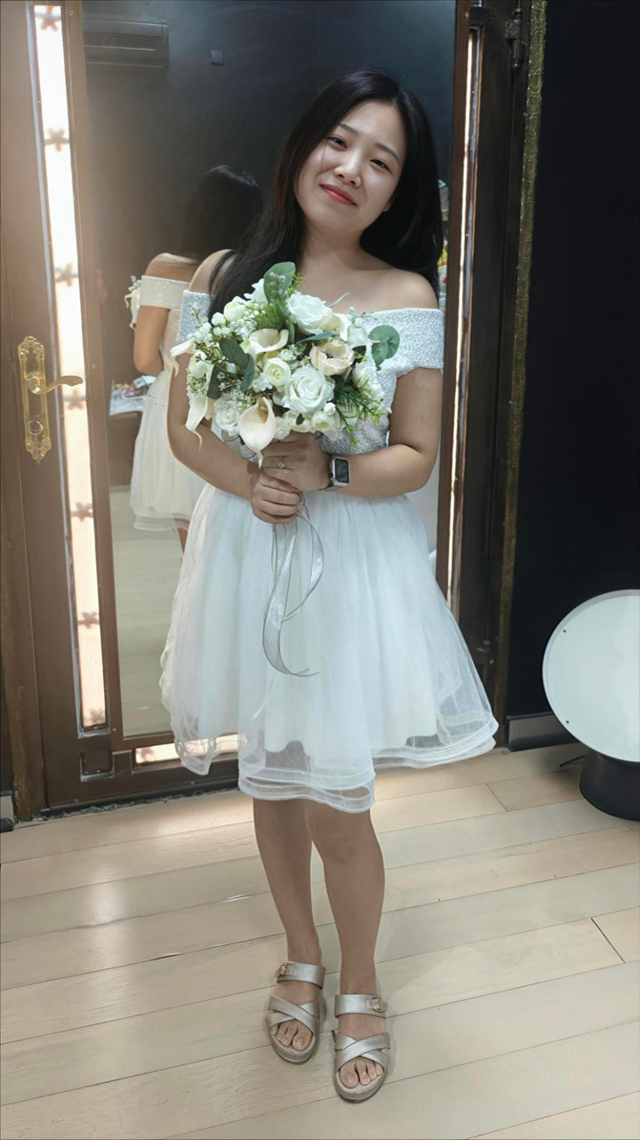 The "Petite Eclat" Off-the-Shoulder Mini Bridal Gown – Civil & Destination Wedding Edition