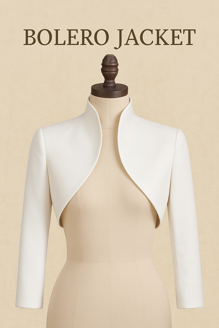 Elegant White Bridal Bolero Jacket – Satin Finish, Long Sleeves