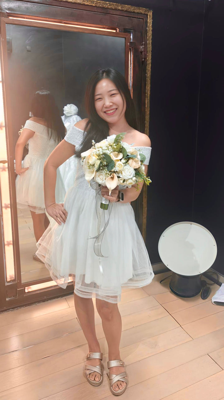 The "Petite Eclat" Off-the-Shoulder Mini Bridal Gown – Civil & Destination Wedding Edition