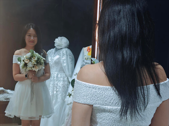 The "Petite Eclat" Off-the-Shoulder Mini Bridal Gown – Civil & Destination Wedding Edition